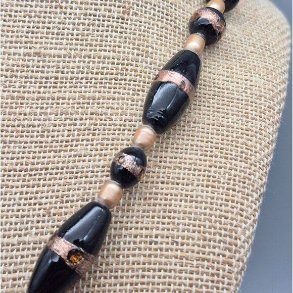 Artisan Art Glass Black & Gold Foil Beaded Statement Teardrop Pendant Necklace - Picture 4 of 7